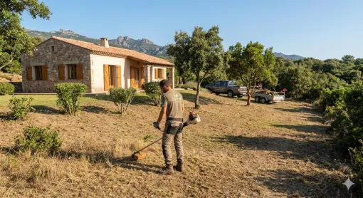 Paysagiste de l'entreprise Cucchi effectuant un débroussaillage réglementaire avec une débroussailleuse thermique autour d'une villa en pierre à Porto-Vecchio, en lisière de maquis pour la prévention des incendies.